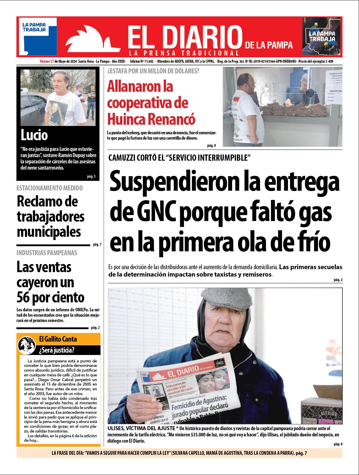 Tapa de El Diario en papel  viernes 17 de mayo de 2024